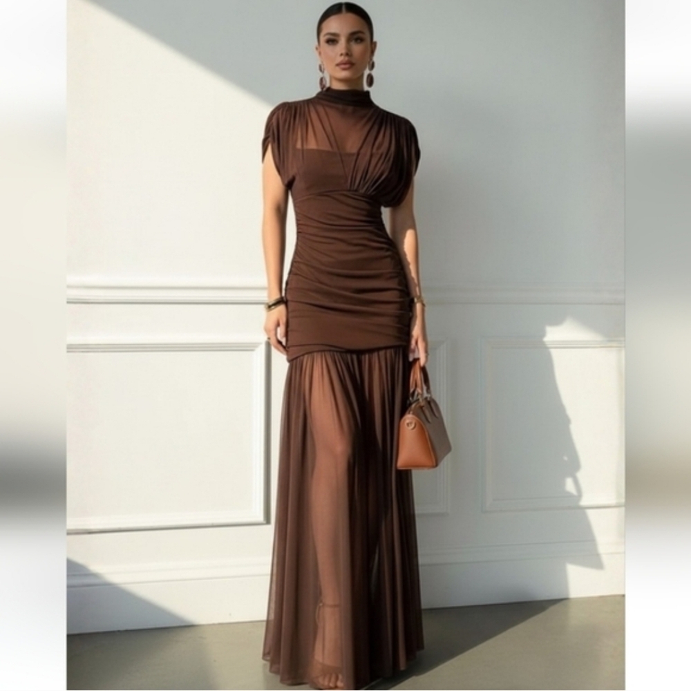 Chocolate Brown Sheer-Panel Maxi Dress